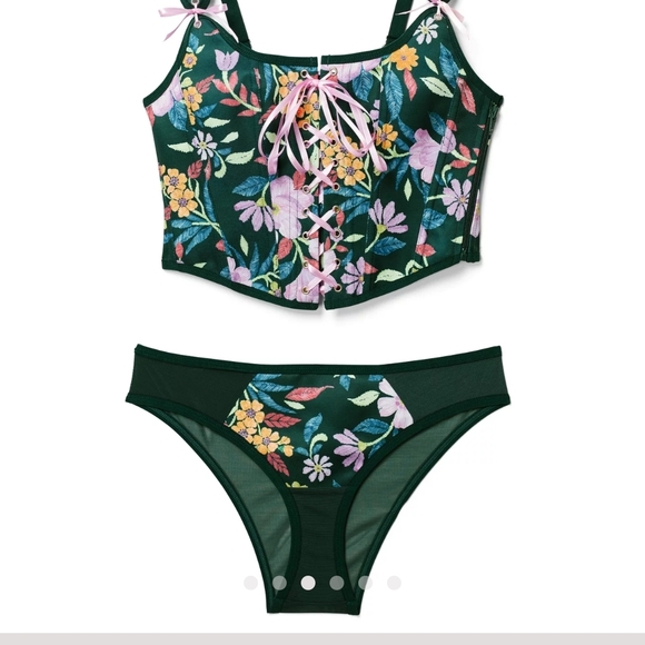 Adore Me Other - Adore Me Dark Green Floral Lace-Up Bustier & Bikini Set - Pink, Yellow, Lavender